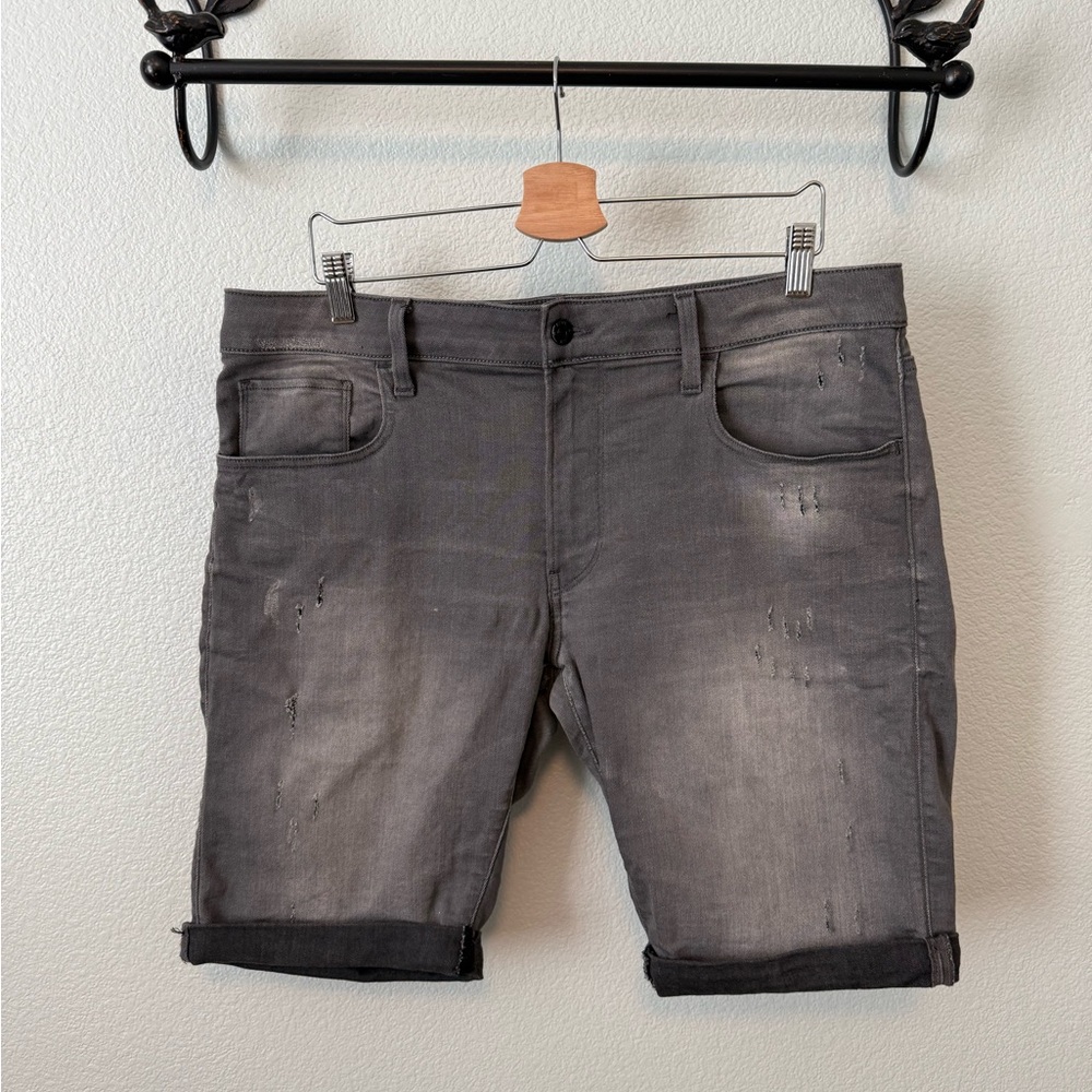 G-Star 3301 Slim Gray Jean Shorts with Distressed Look and Folded Hem